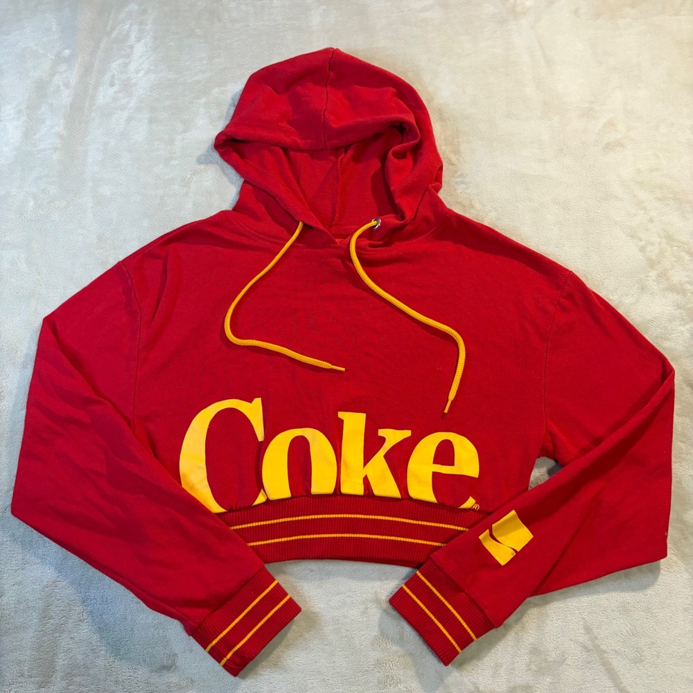 Coca-Cola Women Red Cropped Hoodie Yellow Coke Graphic Sweatshirt Large